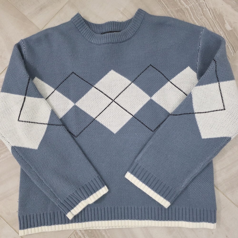 Men's Blue and White Argyle Crewneck Sweater
